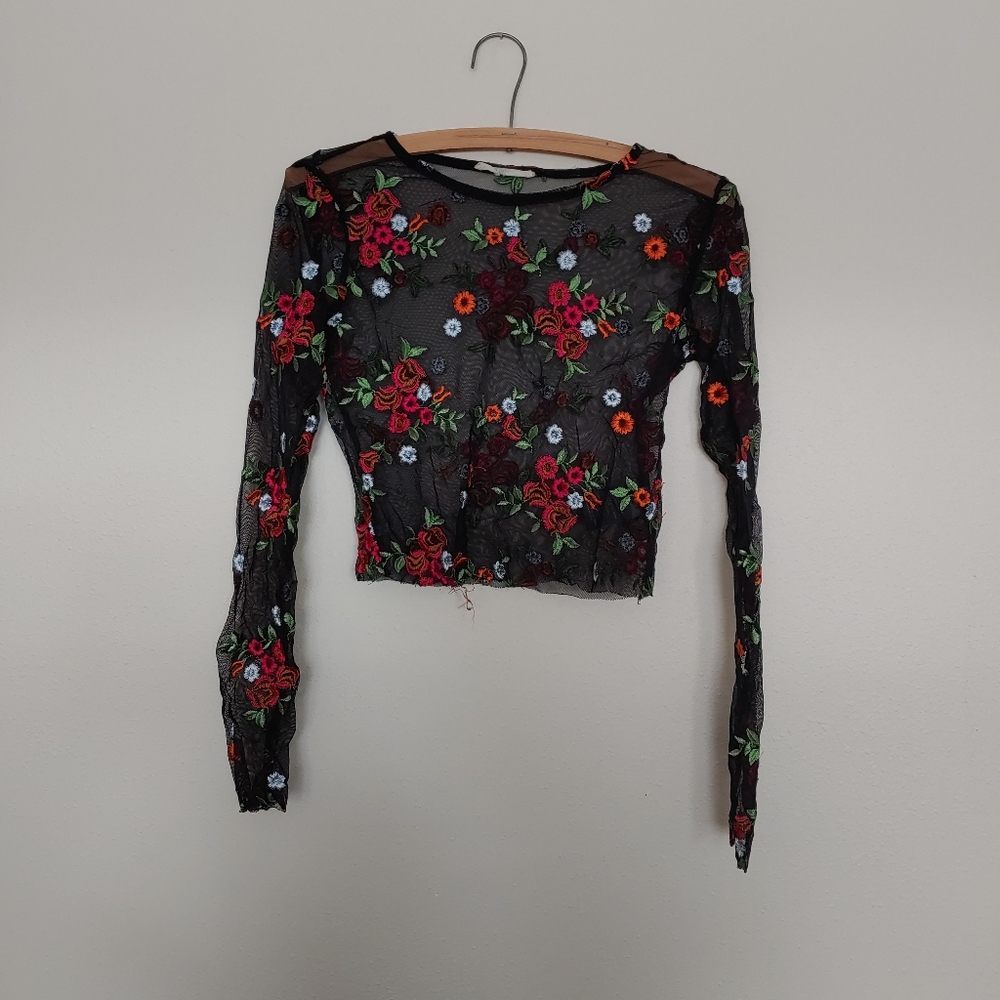 Urban outfitters mesh embroidered floral crop top
